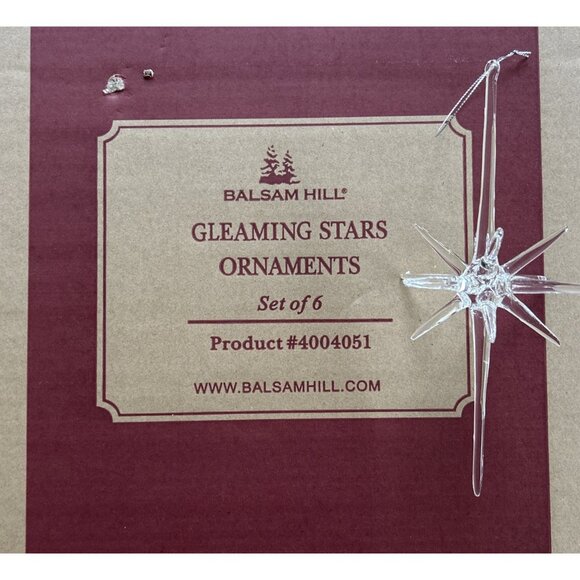 BALSAM HILL Gleaming Stars Christmas Ornaments Set Of 6 Clear Glass 5-9” 4004051 - Picture 2 of 5